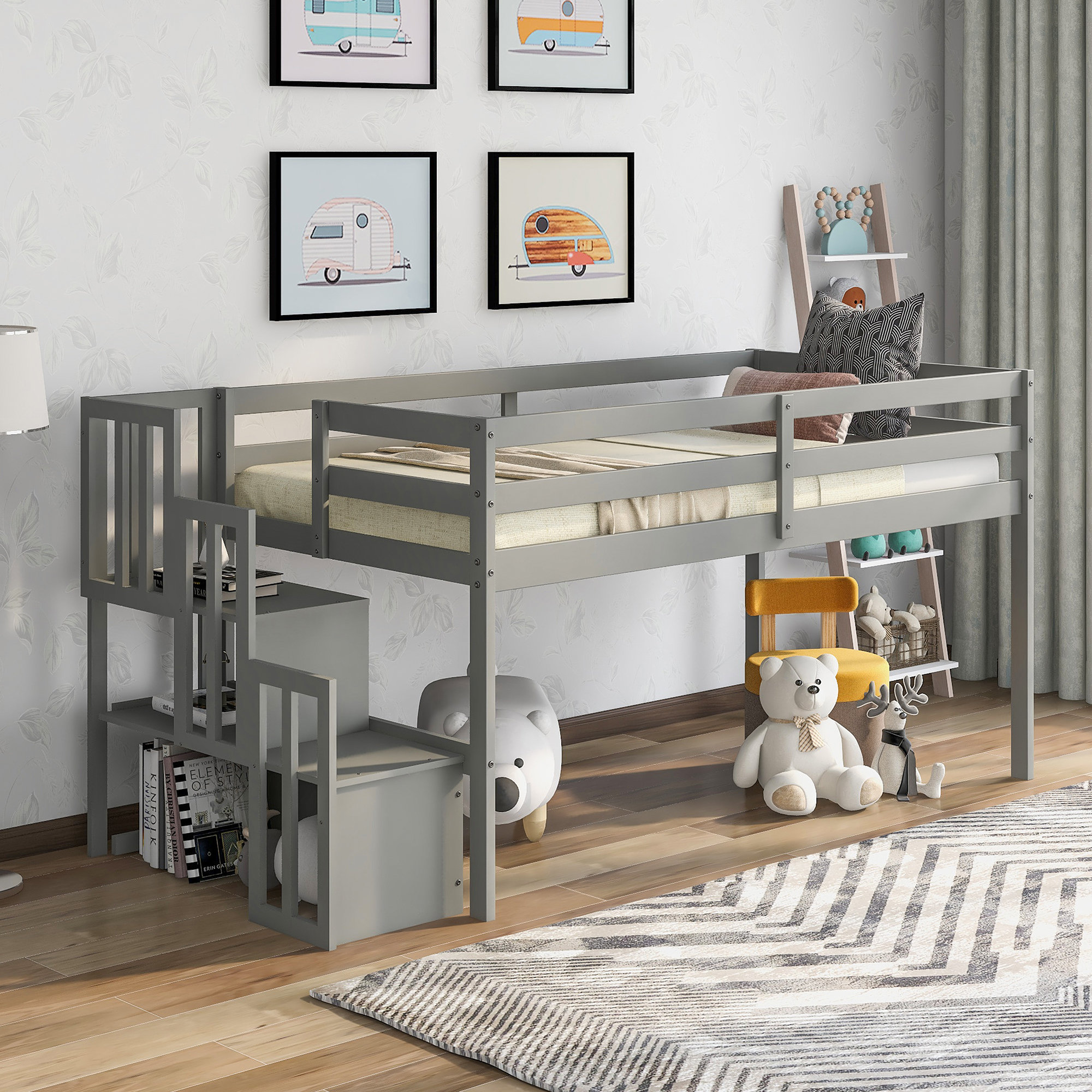 Harriet Bee Twin Size Solid Wood Loft Bed With Stair Case Storage Shelf For Kids Reviews Wayfair